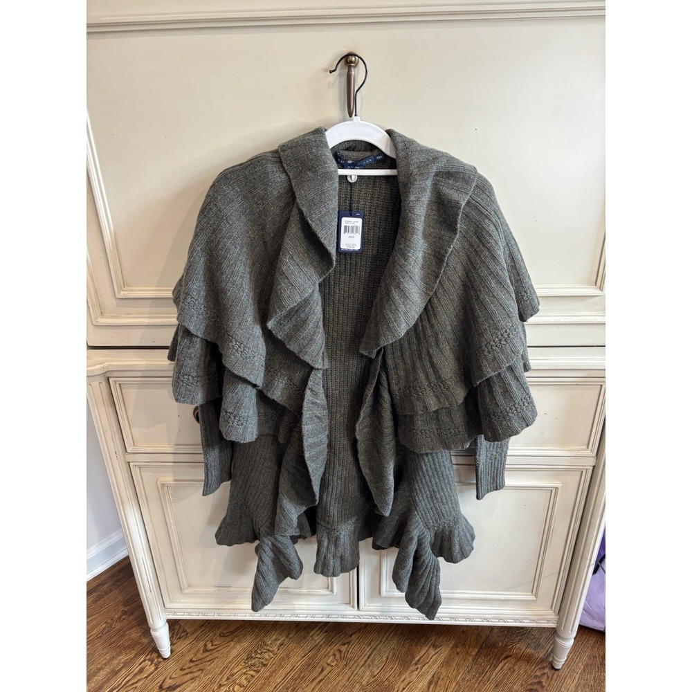 Ralph Lauren Olive Green Layered Ruffle Knit Cardigan